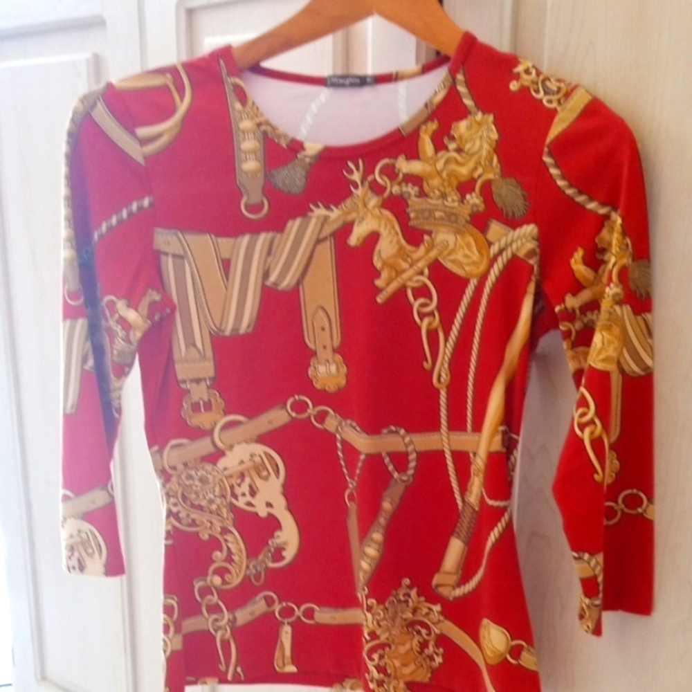 J.McLaughlin dark orange and gold heraldic print - Catalina Cloth -3/4 sleeve -